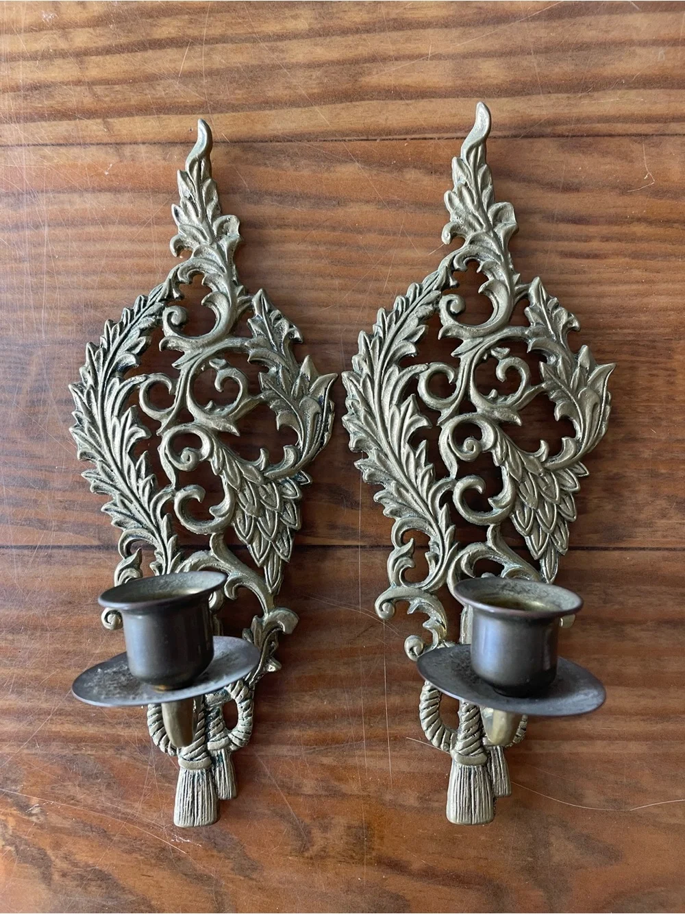 Vintage Ornate Brass Wall Sconces Pair - Leaf Scroll Design Candle Holder Rare